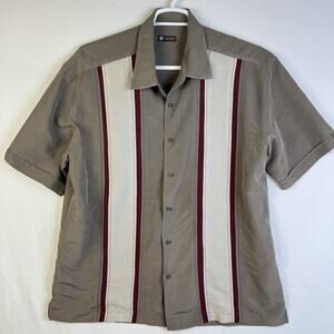 Centro Striped Cuban Guayabera Shirt Casual Taupe Maroon Mens Large Hipster